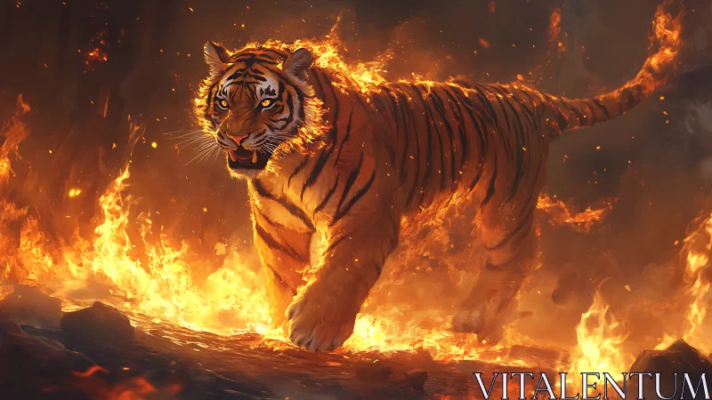 Ember-stride tiger storms through a blazing inferno night.