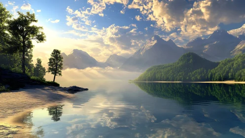 Mountain lake shoreline with trees under morning light.