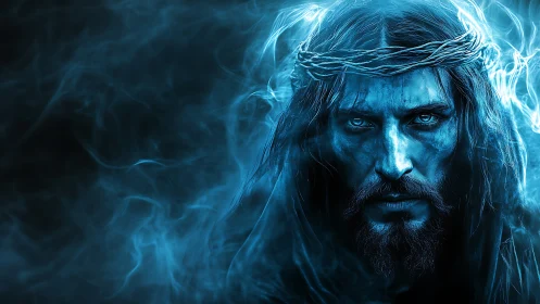 Luminous blue messianic portrait wreathed in spectral smoke.