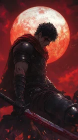 Brooding lone warrior resting beneath a haunting red moon.