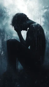 Silhouetted figure in rain embodying solitude and despair.