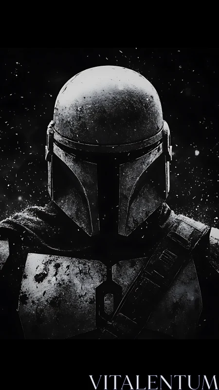 Steel-clad lone warrior in star-speckled noir silence.