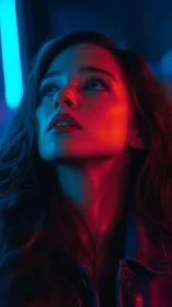 Neon-lit woman portrait with dramatic red blue contrast.