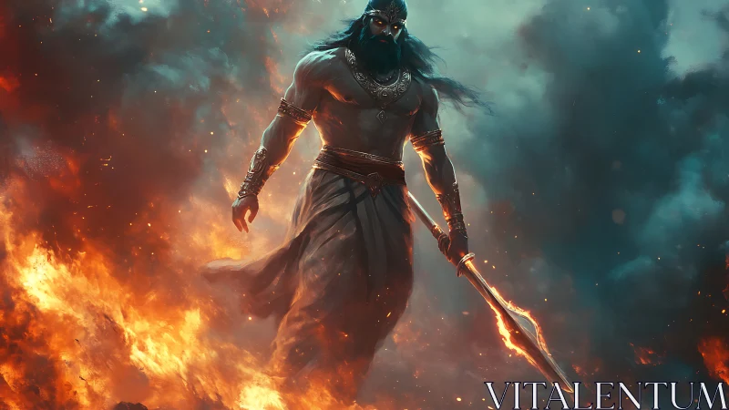 Mythic fire god warrior in cinematic digital painting composition.