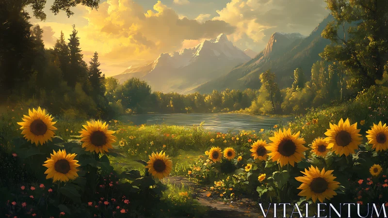 Sunlit sunflower meadow before alpine lake and peaks.