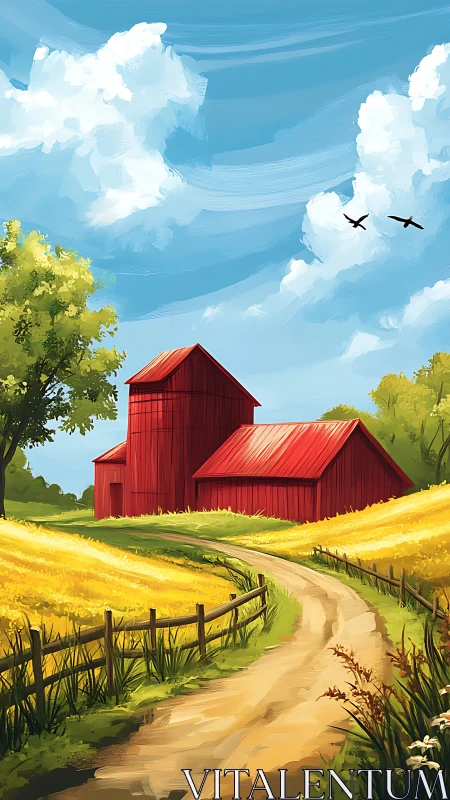 Red barn beside dirt road amid yellow rural fields.