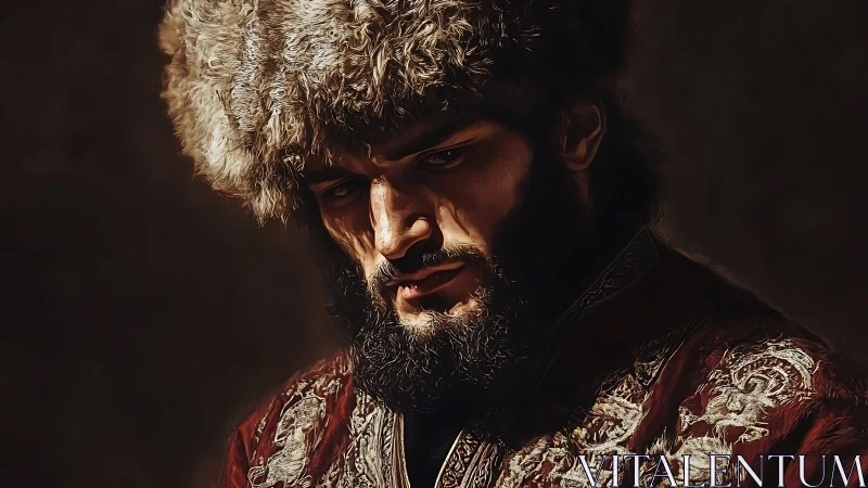 Brooding warrior in fur hat studies ground under low light