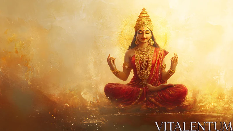 Radiant seated goddess in red sari amid luminous golden aura