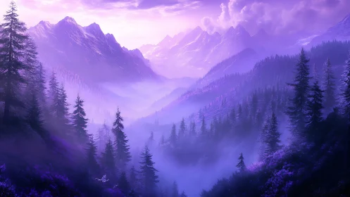 Purple-toned coniferous valley with layered mountain ranges.
