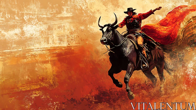 Galloping rodeo rider cuts through a blazing western storm