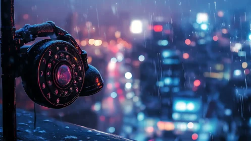 Retro rotary phone glows against neon city rainstorm.