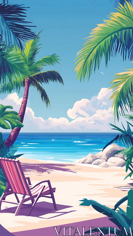 Tropical Seascape with Palm Fronds and Atmospheric Clouds.