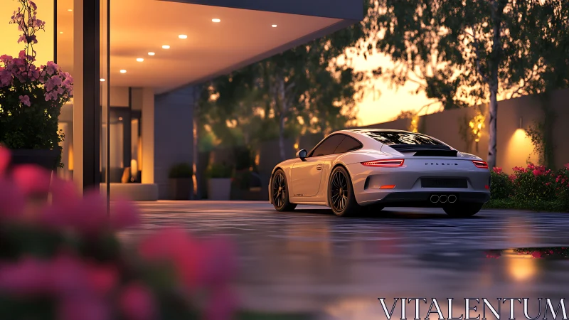 White sports car parked on reflective driveway at sunset