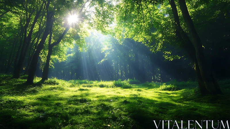 Sunbeams Illuminate Lush Green Forest Clearing in Morning Light.