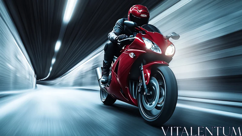 Red sport motorcycle racing through a glowing city tunnel.