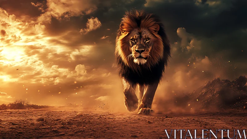 Majestic lion strides through fiery sunset storm clouds.