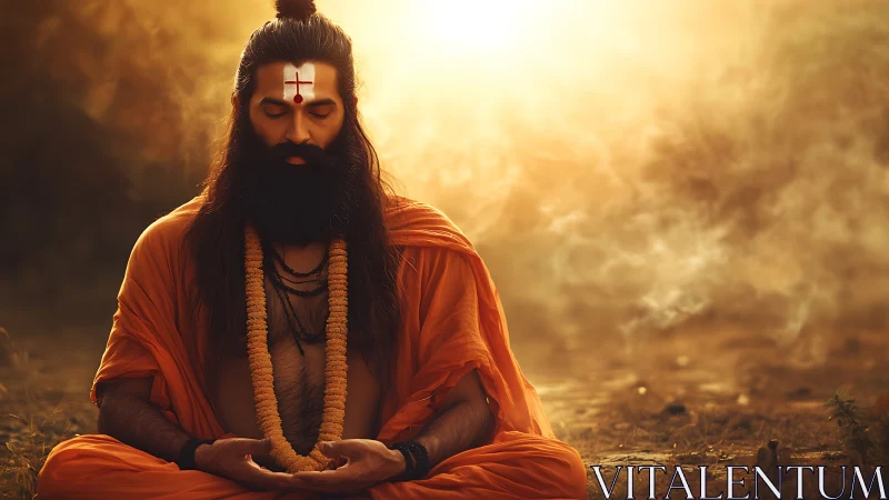 Meditating sage finds inner stillness in golden morning light