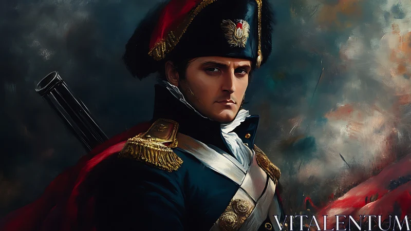 Napoleonic officer gazes over stormy battlefield in uniform.