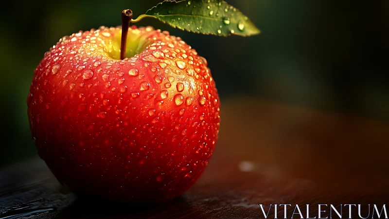 Water-dropped red apple in dramatic low-key macro lighting.