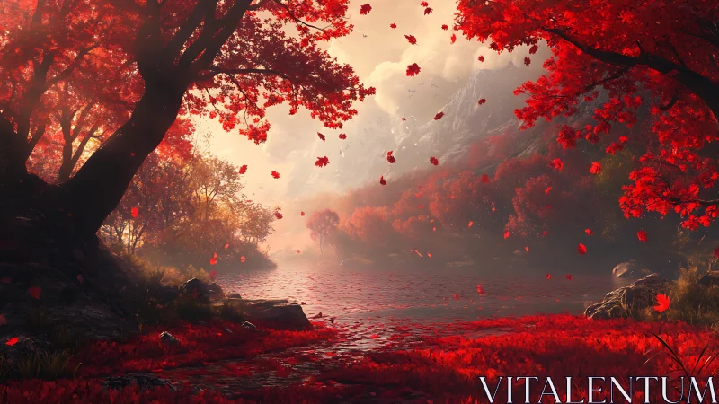 Spectral autumn river basin under diffuse volumetric daylight.