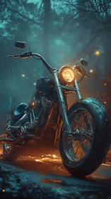 Chrome motorcycle blazing through misty embered forest.