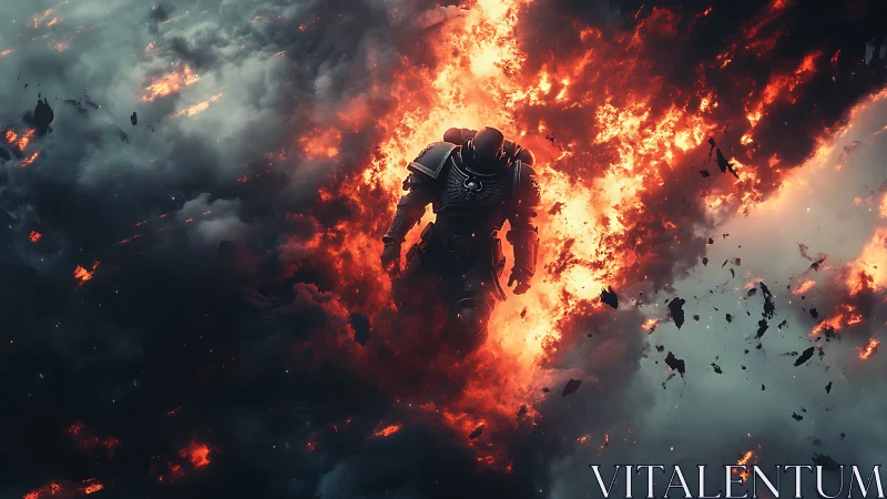 Armored space warrior descending through burning clouds.