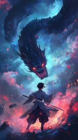 Swordbearer facing a blazing sky serpent of storm and flame.