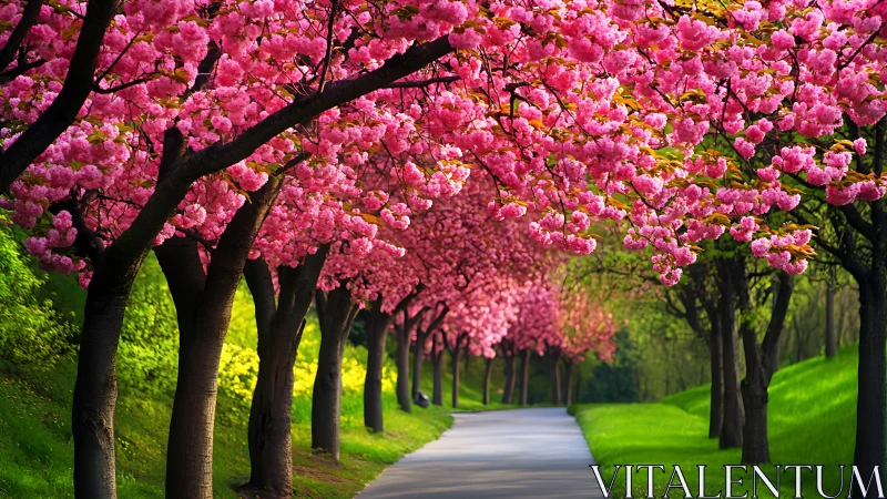 Spring cherry blossom lane inviting quiet wanderings.