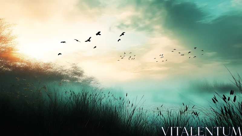 Misty wetland sunrise with silhouetted reeds and birds.