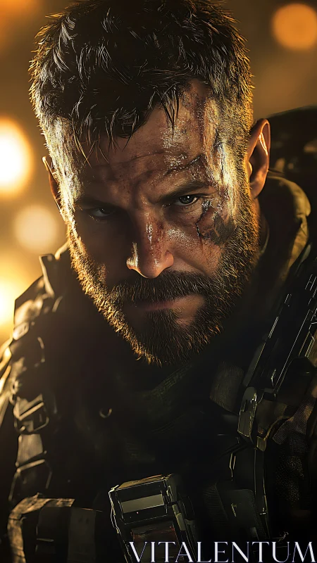 Battle-hardened futurist studies the firelit horizon alone