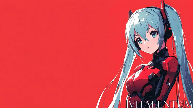 Cyan twin tail android stands against vivid red field.