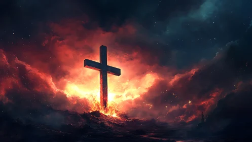 Fiery cross rising through storm lit sky at night.