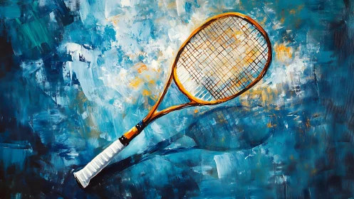 Solo tennis racket adrift in a swirling blue daydream.