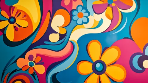 Bold pop-art floral mural with flowing abstract color ribbons