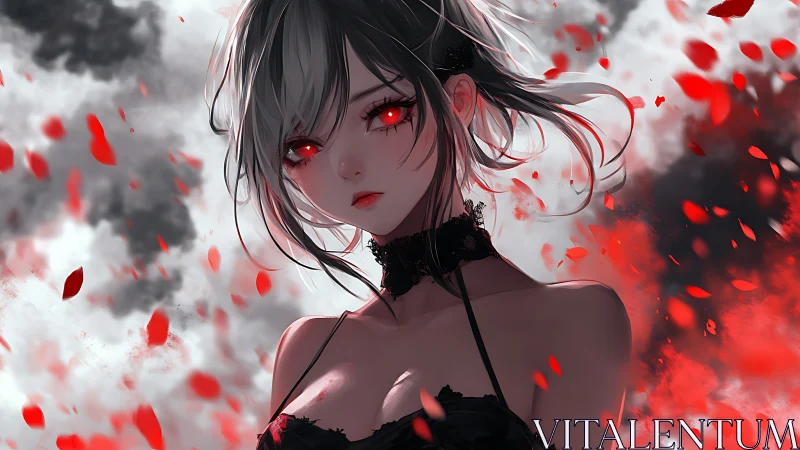 Crimson-eyed anime girl amid swirling red petals and smoke.