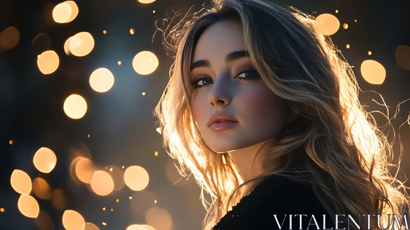 Young woman portrait with warm backlight and bokeh lights