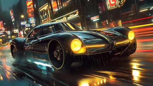 Futuristic muscle car blazes through neon city rainstorm.