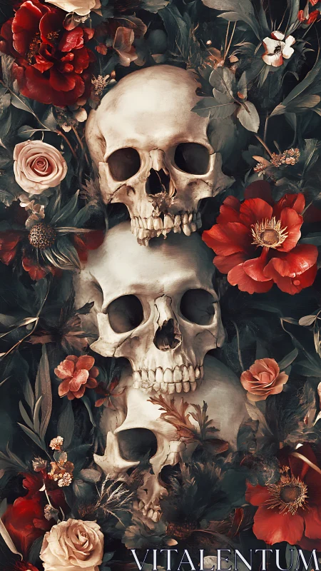 Skulls trade secrets with blooming flowers in dusky silence