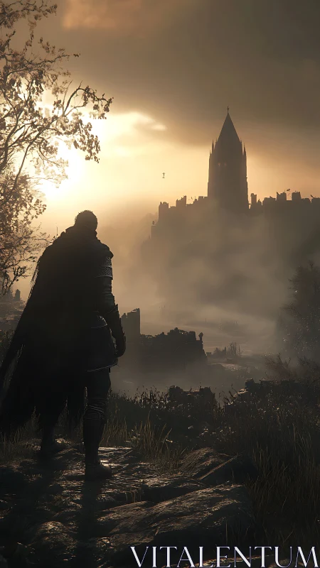 Lone cloaked warrior approaches mist-shrouded gothic fortress at dusk