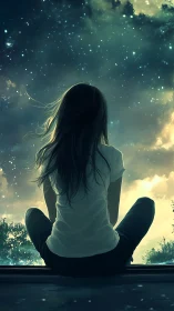 Solitary figure seated against star-filled night sky scene.