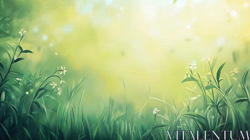 Soft focus digital meadow shows green grass and small flowers