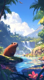 Daydreaming capybara by a glittering jungle waterfall.