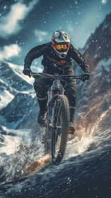 Mountain Biker Soaring Through Snow-Covered Terrain
