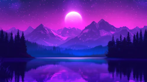 Moon-drenched peaks hum quietly above a neon purple lake