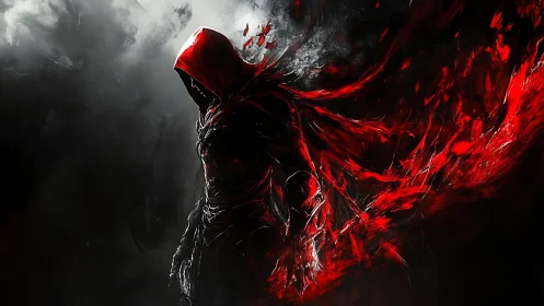 Hooded dark figure commands swirling red energy shroud