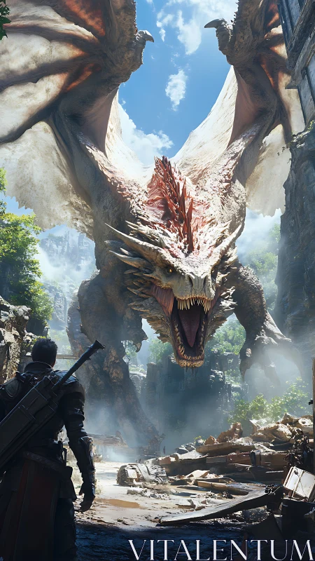 Armored warrior confronts large dragon in ruined canyon