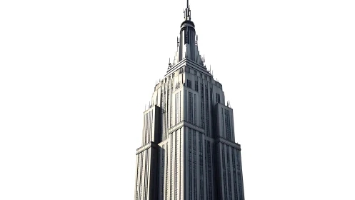 Tall stepped skyscraper tower against plain white sky.