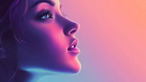 Neon-lit female profile rendered in soft gradient glow.