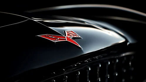 Gleaming red hood emblem on polished classic car surface.