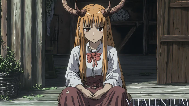 Horned anime girl sitting in rustic wooden doorway scene.